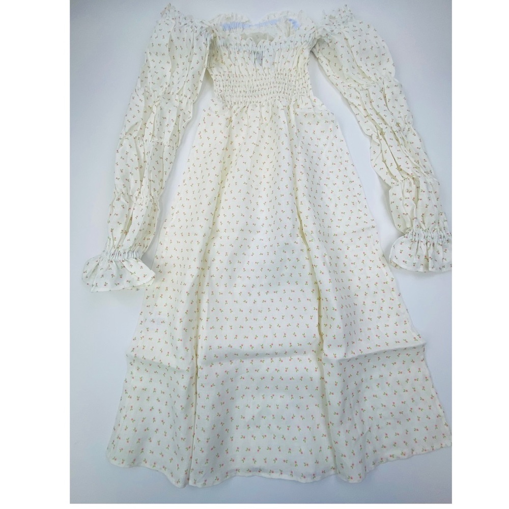 Sleeper Michelin Linen Off White Floral Garden Roses Smocked Dress New Women M